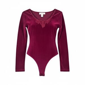 Vintage Private Party Fuschia Lace Trim Stretch Velour Long Sleeve Body Suit - S